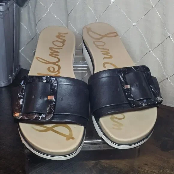 🔥 Sam Edelman Ariane Womens Sz 9 1/2 Black Leather Buckle Slide Sandals Shoes - Picture 1 of 11